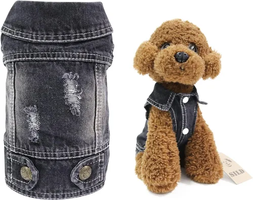 SILD - Chaleco de mezclilla de color azul para perros pequeños y medianos; chaleco de solapa con capucha clásica, estilo vintage, deslavado en color