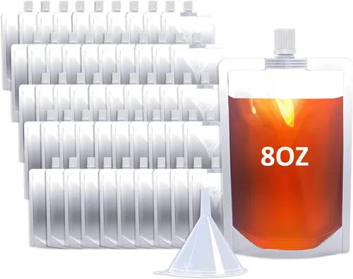 Miniatura 20 de 100 bolsas de bebida de 8 onzas, botella de plástico reutilizable con embudo para beber jugo de bebidas líquidas, bolsas de bebidas de pie para 8OZ