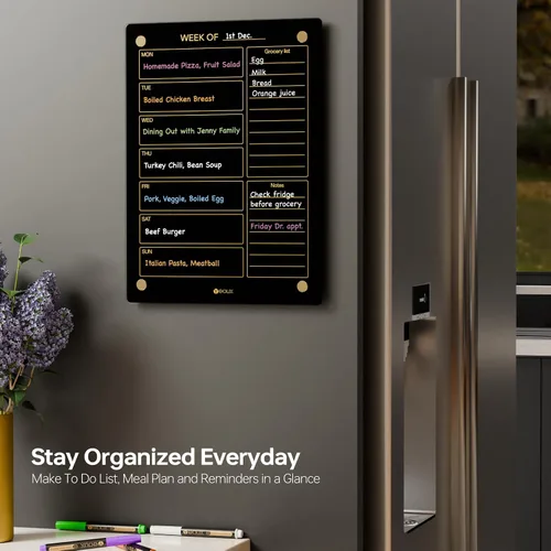 Miniatura 3 de Calendario semanal de borrado en seco dorado de cristal negro y pizarra blanca de menú para pared, planificación de comidas y lista de compras