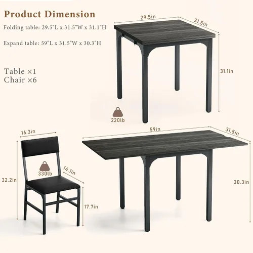 Miniatura 8 de Juego de mesa de comedor de 7 piezas para 4-6, sillas extensibles para mesa de cocina, juego de 6 con 6 sillas, mesa de comedor rectangular