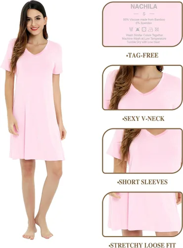 Miniatura 4 de NACHILA Camisones de viscosa para mujer, hechos de bambú, suaves camisas de dormir de manga corta, ropa de dormir suelta
