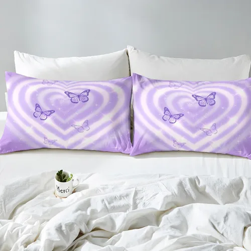 Miniatura 4 de Manfei Juego de sábanas para niños con corazones de lavanda, tamaño individual, juego de ropa de cama de mariposa morada para niños, niñas