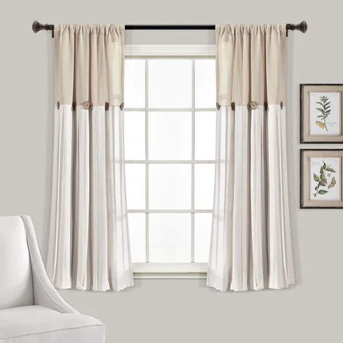Lush Decor - Cortinas de lino con botones de estilo granja, panel individual, diseño plisado de dos tonos de 40 pulgadas de ancho x 45 pulgadas de