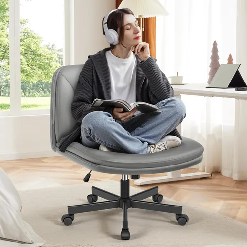 FelixKing Silla Criss Cross con Ruedas, Silla de Oficina con Patas Cruzadas, Silla de Escritorio Ancha sin Brazos con Cuero PU Cómodo y Respaldo -