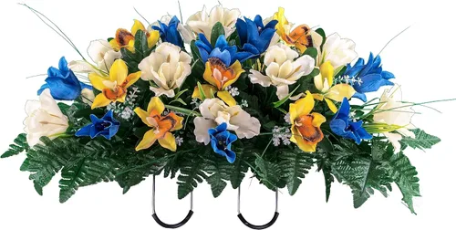 Sympathy Silks Flores artificiales para cementerios – Tulipanes realistas y vibrantes, decoraciones de tumba al aire libre - Silleta de 76 cm de