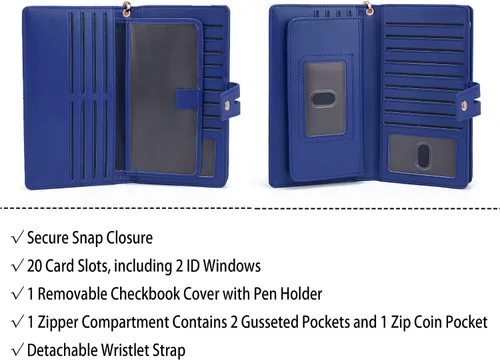 Miniatura 5 de UTO Cartera de pulsera para mujer desmontable para chequera, tarjeta, billetes, teléfono, organizador grande, 1085 azul, Grande, Moderno