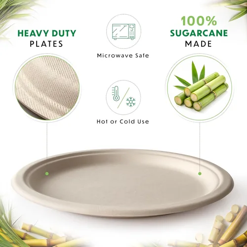 Miniatura 2 de Platos compostables, platos de papel desechables de alta resistencia - [125 unidades] de 9 pulgadas, biodegradables sin blanquear, hechos de bagazo