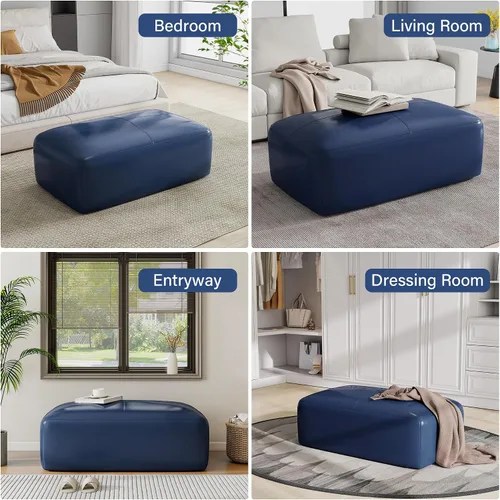 Miniatura 7 de Otomana rectangular de piel auténtica, mesa de centro otomana con botones y patas, taburete tapizado para sala de estar, dormitorio, entrada, Azul