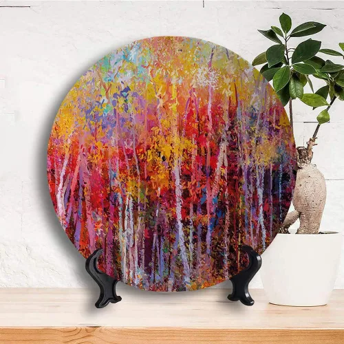Miniatura 3 de Platos de cerámica, platos de cerámica decorativos de la naturaleza, pintura vibrante de la naturaleza con árboles en el bosque de otoño, platos