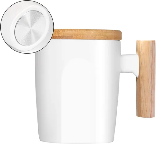HOWAY Taza de fondo plano con tapa de madera, taza de té de cerámica para calentador de café, universal, fondo plano, mango de madera, 14 onzas