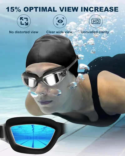 Miniatura 3 de Gafas de natación sin fugas con clip de nariz, tapones para los oídos, gorro de natación y funda para hombres y mujeres Negro