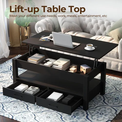 Miniatura 4 de Rolanstar - Mesa auxiliar, mesa de centro con cajones y compartimento oculto, mesa central retro con tablero de elevación de madera, para sala
