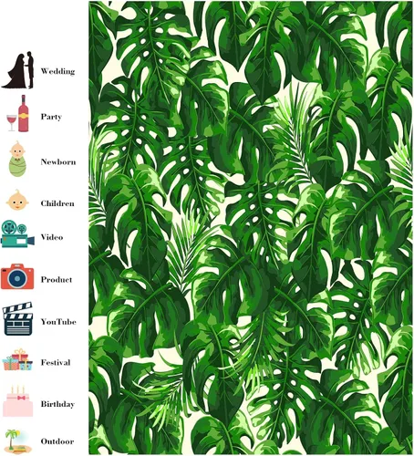 Miniatura 2 de Fondo de fotografía de plantas de hojas verdes primaverales de 3 x 5 pies, Monstera y hoja de palma sobre fondo beige para fotografía, fondo
