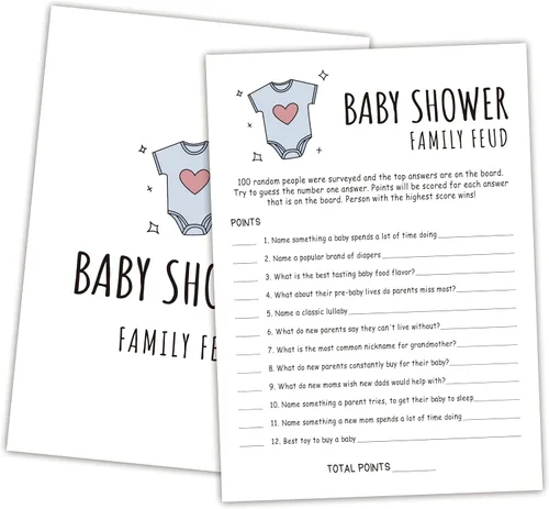 Miniatura 24 de Family Feud - Juego de baby shower, paquete de 30 tarjetas, clave de respuestas, decoraciones de género neutro, suministros de juego
