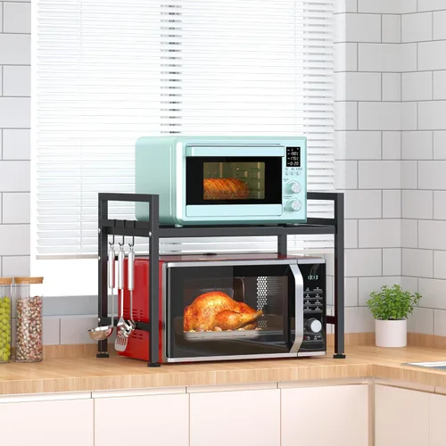 Miniatura 7 de PUSDON Estante para horno microondas negro texturizado, organizador de encimera de cocina expandible de 2 niveles, soporte de acero al carbono