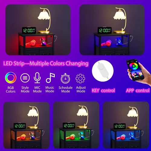 Miniatura 7 de Furnulem Mesita de noche negra con estante de madera, mesa auxiliar con luz LED y estación de carga, mesita de 25.8 pulgadas con 3 cajones