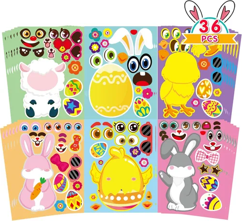 Miniatura 15 de 36 Hojas de Pegatinas de Pascua para Niños, Relleno para Cesta de Pascua, Pegatinas para Hacer Caras, Crea tus Propias Pegatinas de Animales