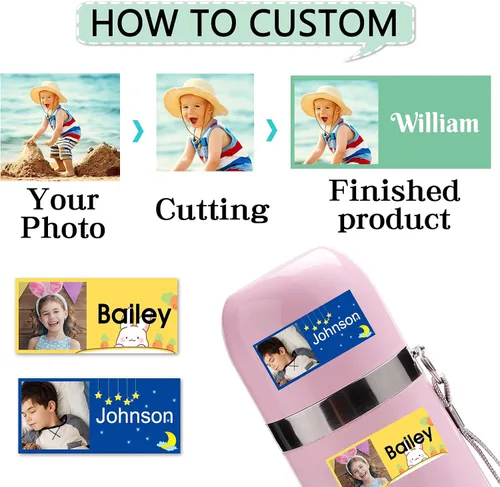 Miniatura 3 de 78 etiquetas personalizadas para niños con fotos impermeables, etiquetas de nombre personalizadas para suministros escolares, guardería, botellas