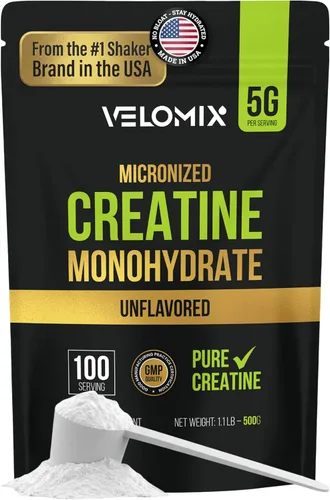 VELOMIX Polvo de monohidrato de creatina micronizada – Polvo de creatina 100% puro sin sabor y fácil de mezclar | Apoya el crecimiento muscular, la