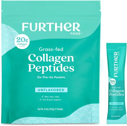 Further Food - Polvo de péptidos de colágeno sin sabor en sobres - 100% alimentado con pasto, tipo 1 y 3 hidrolizado, 20g de colágeno por porción,