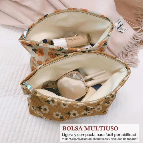 Miniatura 5 de Bolsa de maquillaje estética HAPPYHEIDI, bolsa de cosméticos y artículos de aseo con cremallera para viajes, con forro de lona, organizador de 001
