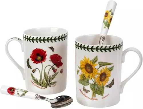 Miniatura 2 de Portmeirion Botanic Garden - Juego de tazas y cucharaditas de cerámica y cucharas de acero inoxidable, motivos de amapola y girasol, esmalte