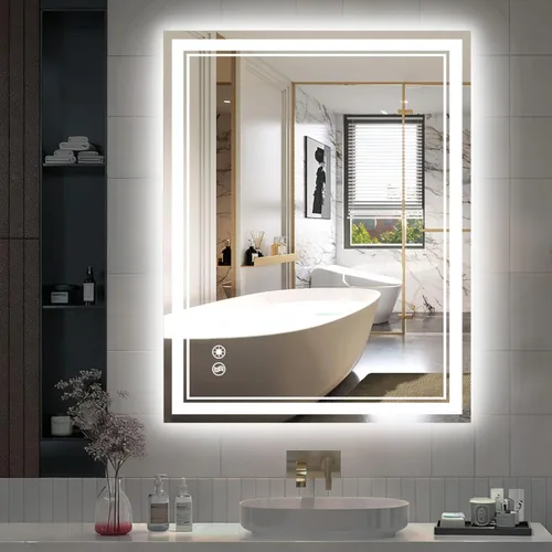 COLMERD Espejo LED de 28 x 36 pulgadas para baño, 3 colores regulables, espejo de baño con luces, espejo de tocador antivaho brillo iluminado
