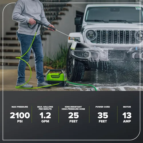 Miniatura 4 de Greenworks 2100 PSI (certificado SGS) 1.2 GPM 13Amp Lavadora eléctrica compacta a presión con mango telescópico para autos, calzadas, patios