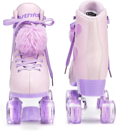 Miniatura 4 de Ruthfot Patines clásicos para mujeres y niñas con ruedas iluminadas y patrón de corazón de amor, patines de cuero PU de caña alta.. Púrpura