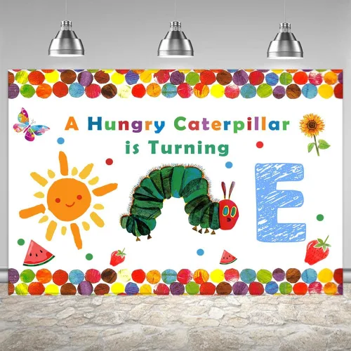 Miniatura 7 de Lofaris A Hungry Caterpillar is Turning One Happy Birthday - Telón de fondo de fiesta de cumpleaños con diseño de oruga de dibujos animados, diseño