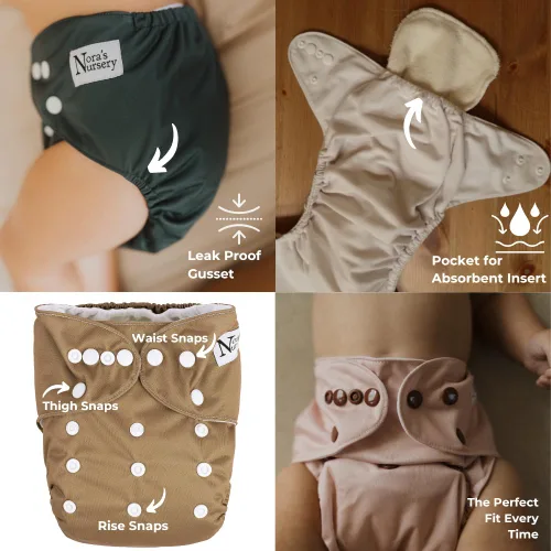 Miniatura 6 de Nora's Nursery Pañales de bolsillo de tela, paquete de 4 con 4 insertos, funda impermeable, lavable, reutilizable y de tamaño único ajustable