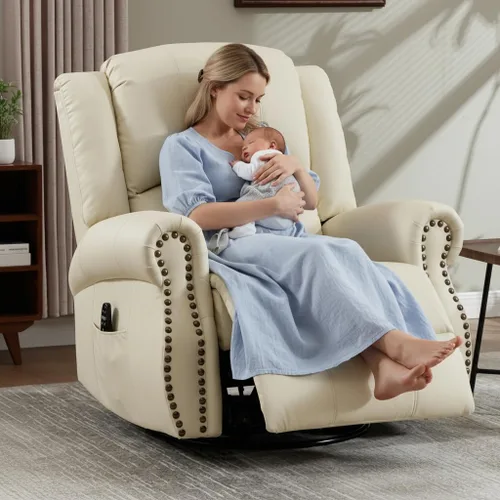 Miniatura 2 de PELUMY Silla reclinable giratoria de cuero transpirable para adultos, balancín giratorio de 360° con masaje térmico y vibratorio, silla de descanso