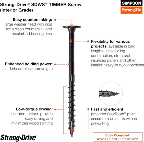 Miniatura 5 de Simpson Strong-Tie SDWS221200-R50 - Tornillos para madera SDWS de accionamiento fuerte (grado interior), 0.220 pulgadas x 12 pulgadas, revestimiento
