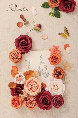 Miniatura 2 de Serwalin Flores artificiales de otoño, flores de seda falsas, flores de pastel, rosas, flores naranjas para decoración de boda, arreglos de B