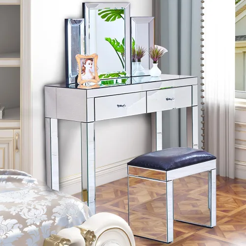 Miniatura 3 de Moderna mesa de consola plateada con espejo con 2 cajones de almacenamiento, escritorio rectangular de tocador, mesa de tocador de maquillaje