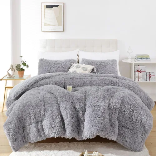 Miniatura 40 de Smoofy Juego de edredón esponjoso de tamaño Full, juego de edredón rosa de piel sintética, juego de ropa de cama mullido de lujo, juego de ropa