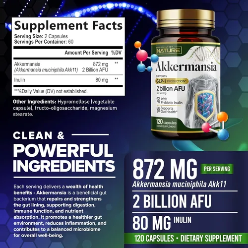 Miniatura 6 de Built by Nature Akkermansia Muciniphila - Suplemento probiótico - 2 mil millones de AFU - Apoya GLP-1, salud intestinal inmune y digestiva - 120