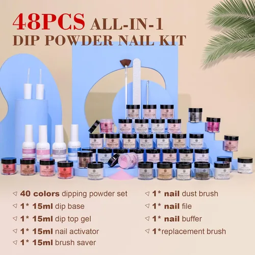 Miniatura 6 de SAVILAND - Kit de iniciación de uñas de polvo de inmersión de 49 piezas - 40 colores, polvo de inmersión de color rosa intenso, rojo, nude suave