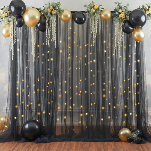 Miniatura 8 de Cortina de telón de fondo de tul negro de 10 x 10 pies con cadena de luces para fiestas, cortinas de fondo de fotos transparentes para bodas