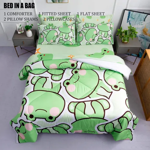 Miniatura 2 de MUSOLEI Juego de edredón de rana de 7 piezas para niños y niñas, juego de ropa de cama tamaño individual para todas las estaciones