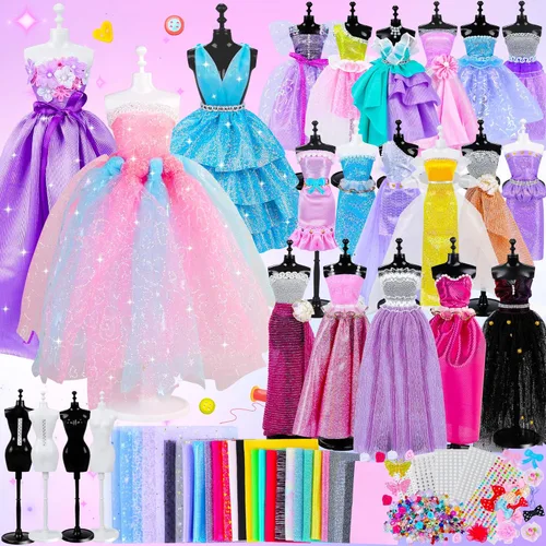 MINIFUN Kit de diseño de moda para niñas, kit de costura con 4 maniquíes, kit de manualidades y manualidades para niños, kit de fabricación de ropa