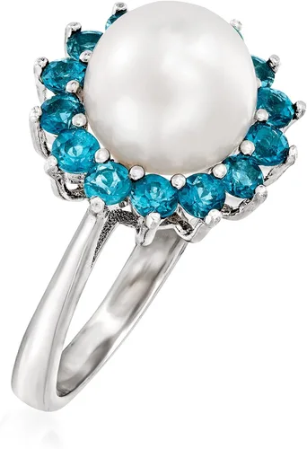 Miniatura 3 de Ross-Simons 8-8.5mm Cultured Pearl and .60 ct. t.w. London Blue Topaz Ring in Sterling Silver