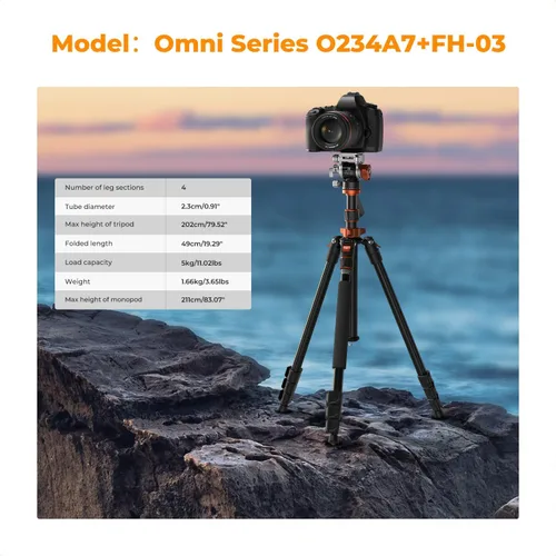 Miniatura 2 de K&F CONCEPT Trípode de video de cámara de 83 pulgadas para DSLR, trípode de aluminio compacto con cabezal fluido panorámico de 360° para viajes