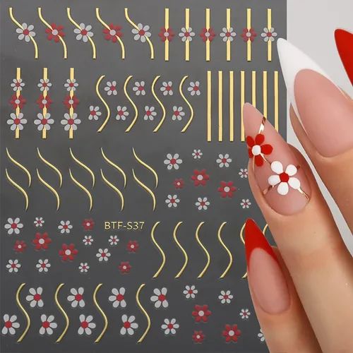 Miniatura 4 de Calcomanías de arte de uñas de línea francesa, línea dorada, negro, blanco, rojo, rosa, azul, flores, diseños autoadhesivos, calcomanías