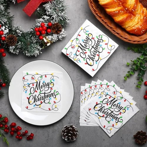 Miniatura 3 de Honoson 100 Piezas Servilletas de Cóctel con Luces de Navidad Feliz Navidad Servilletas de Papel Desechables Toalla de Cena para Invitados