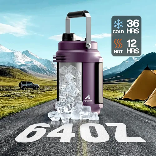 Miniatura 2 de POWCAN Botella de agua aislada de 64 onzas, tapa de boquilla de popote 2 en 1, mango doble, a prueba de fugas, mantiene el frío 48 horas, botella