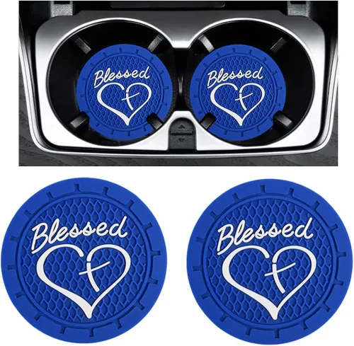 Miniatura 7 de Augeny 2PCS Posavasos para Portavasos de Coche, Posavasos de Inserción de PVC Antideslizantes, 2.76 Pulgadas Cruz Bendecida y Corazón Cristiano