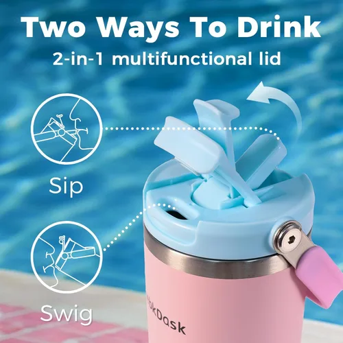 Miniatura 5 de Botella de acero inoxidable aislada de 40 onzas con popote y tapa de 2 en 1, botella de agua con asa de transporte que mantiene frías las bebidas