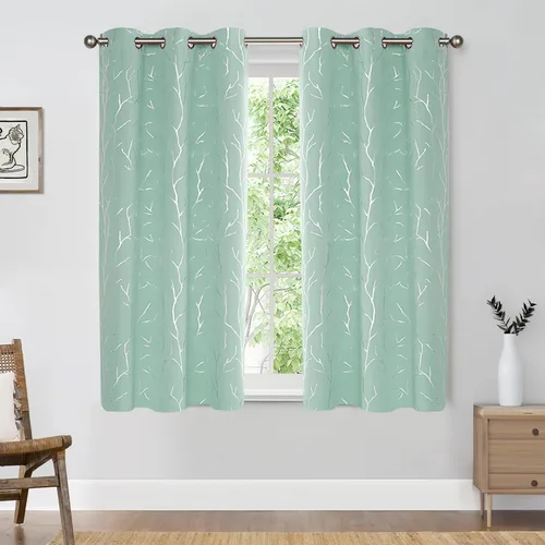 Miniatura 62 de BUHUA Cortinas pequeñas para ventana de 36 pulgadas de largo, 2 paneles, cortinas opacas con elegantes ramas de árbol plateadas, cortinas de bloqueo