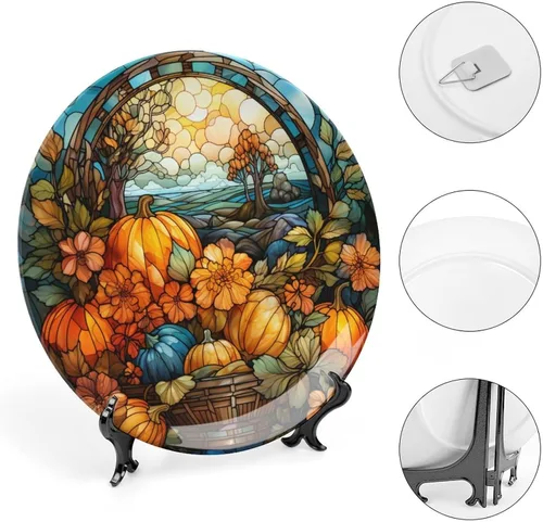 Miniatura 4 de Plato de cosecha de otoño de calabaza para decoración de pared de oficina en casa, plato decorativo con soporte de exhibición, adorno de cerámica
